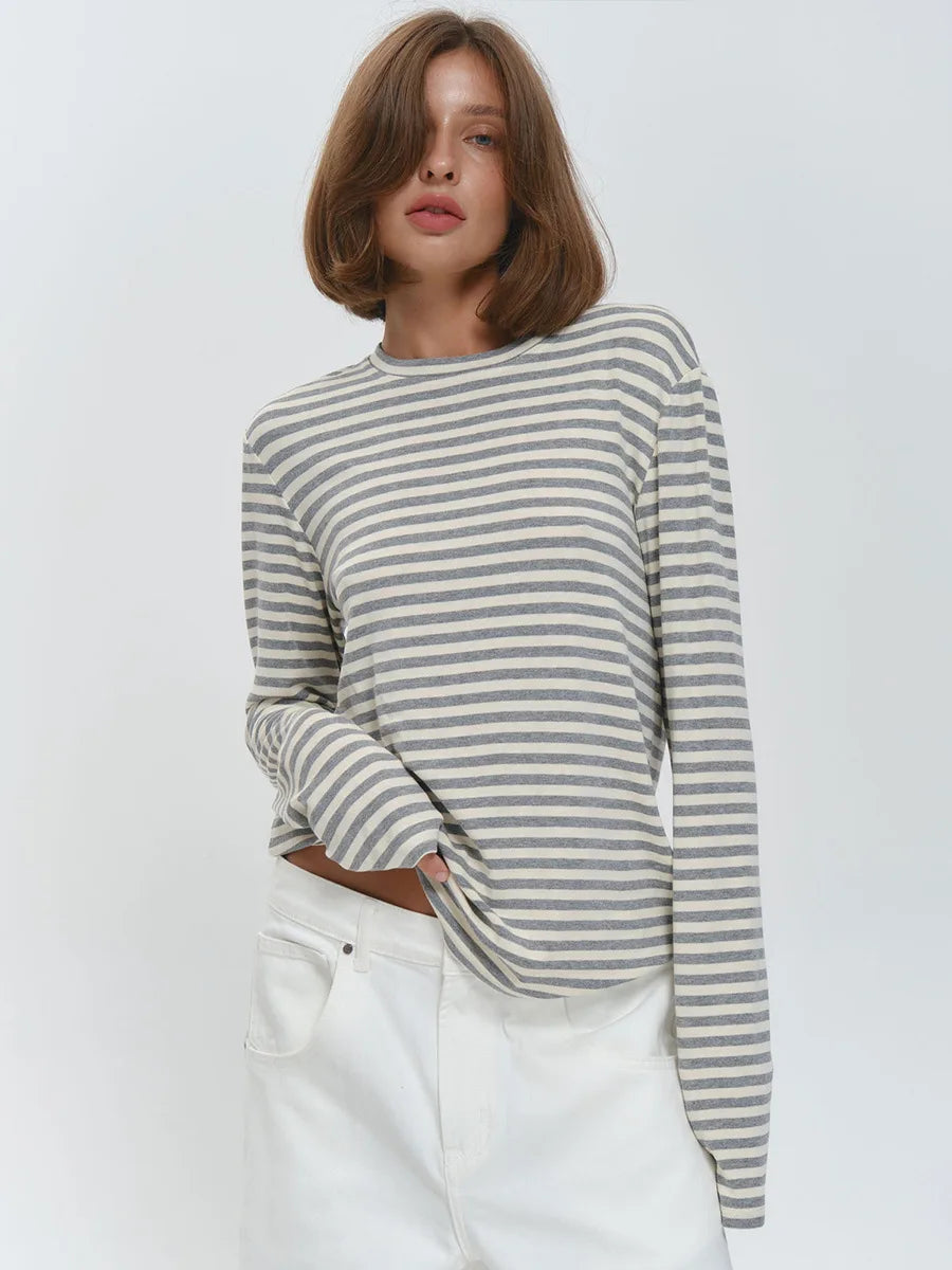 Damen Baumwolle Langarm gestreiftes T-Shirt