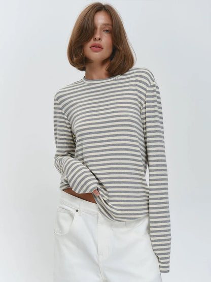 Damen Baumwolle Langarm gestreiftes T-Shirt