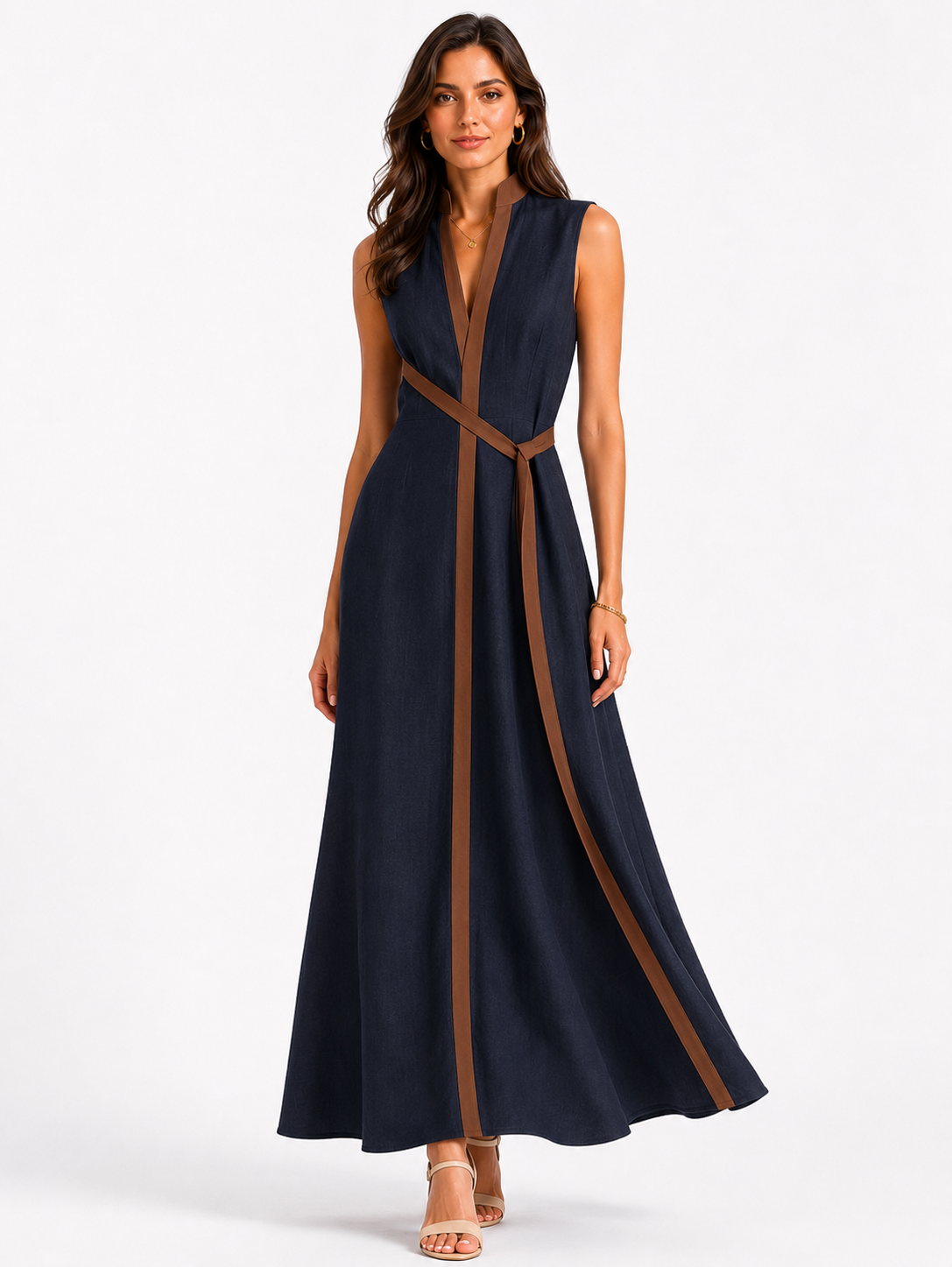 Ärmelloses Midikleid für Damen mit Stehkragen, lockere Passform