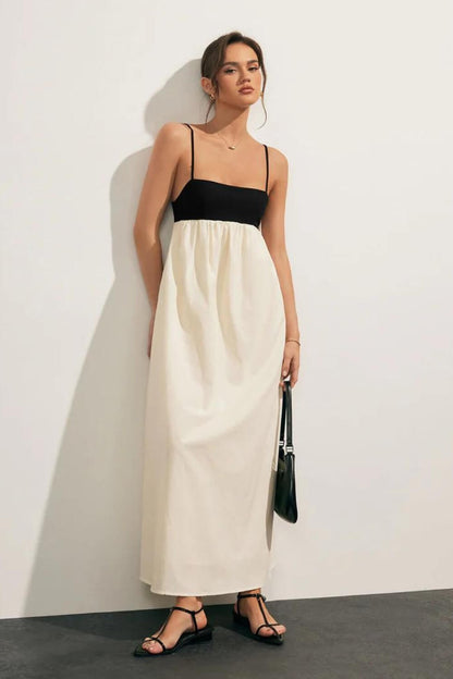 Leinenmischung Lässiges Midi-Kleid Schwarz und Weiß