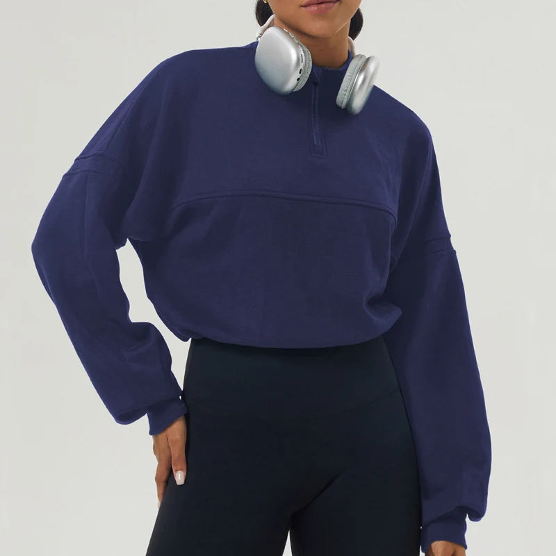 Damen Oversized Sweatshirt aus Baumwollmischung mit halbem Reißverschluss