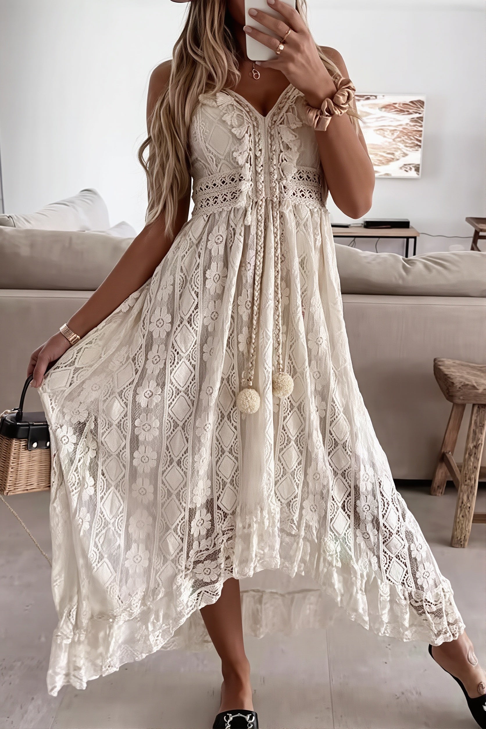 Damen Kleid in Midilänge mit Cami-Trägern und hoher Taille