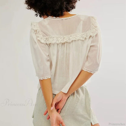 Women's Chiffon Ruffle Lace Trim Low Cut Blouse