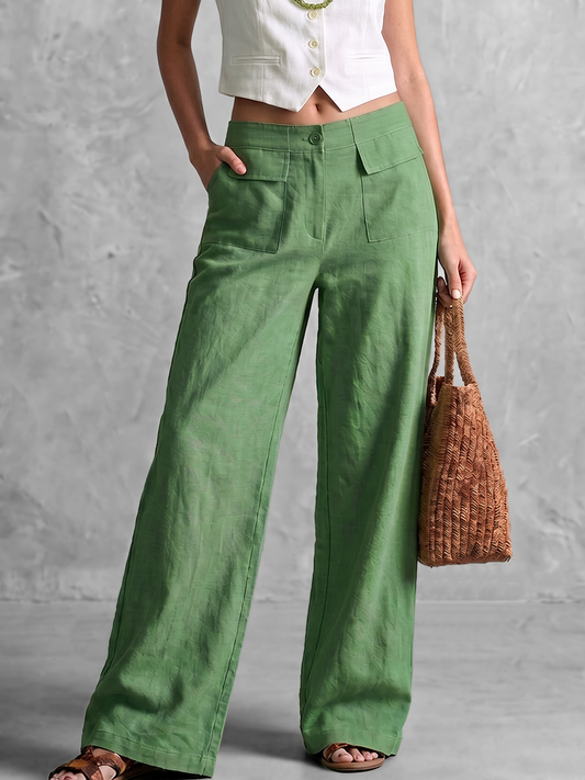 Damen weite High-Waist Hose in Grün mit Taschen, Vorderansicht