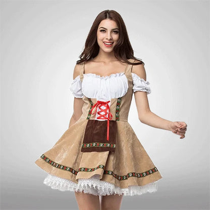 Women Velvet Lace Embroidery Oktoberfest Dirndl Dress Red