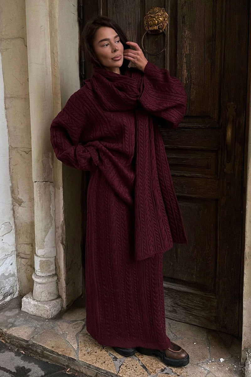 Damen-Strickset mit Oberteil und Maxirock mit Zopfmuster
