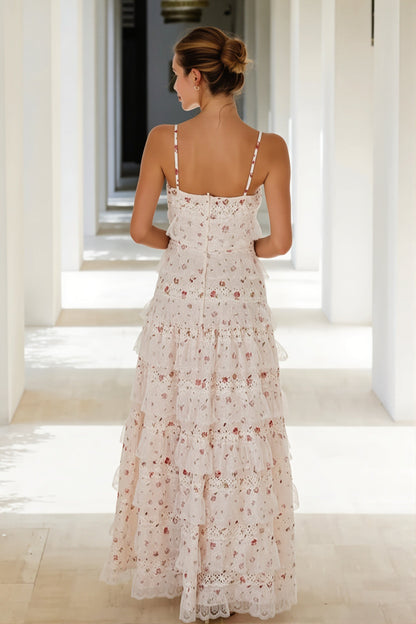 Damen Maxikleid mit gestuftem Volantsaum und schmalen Trägern