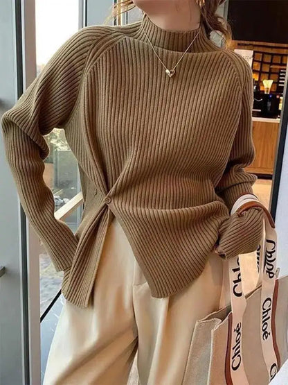 Damen Strickpullover mit Rollkragen und Knopfspalt-Detail