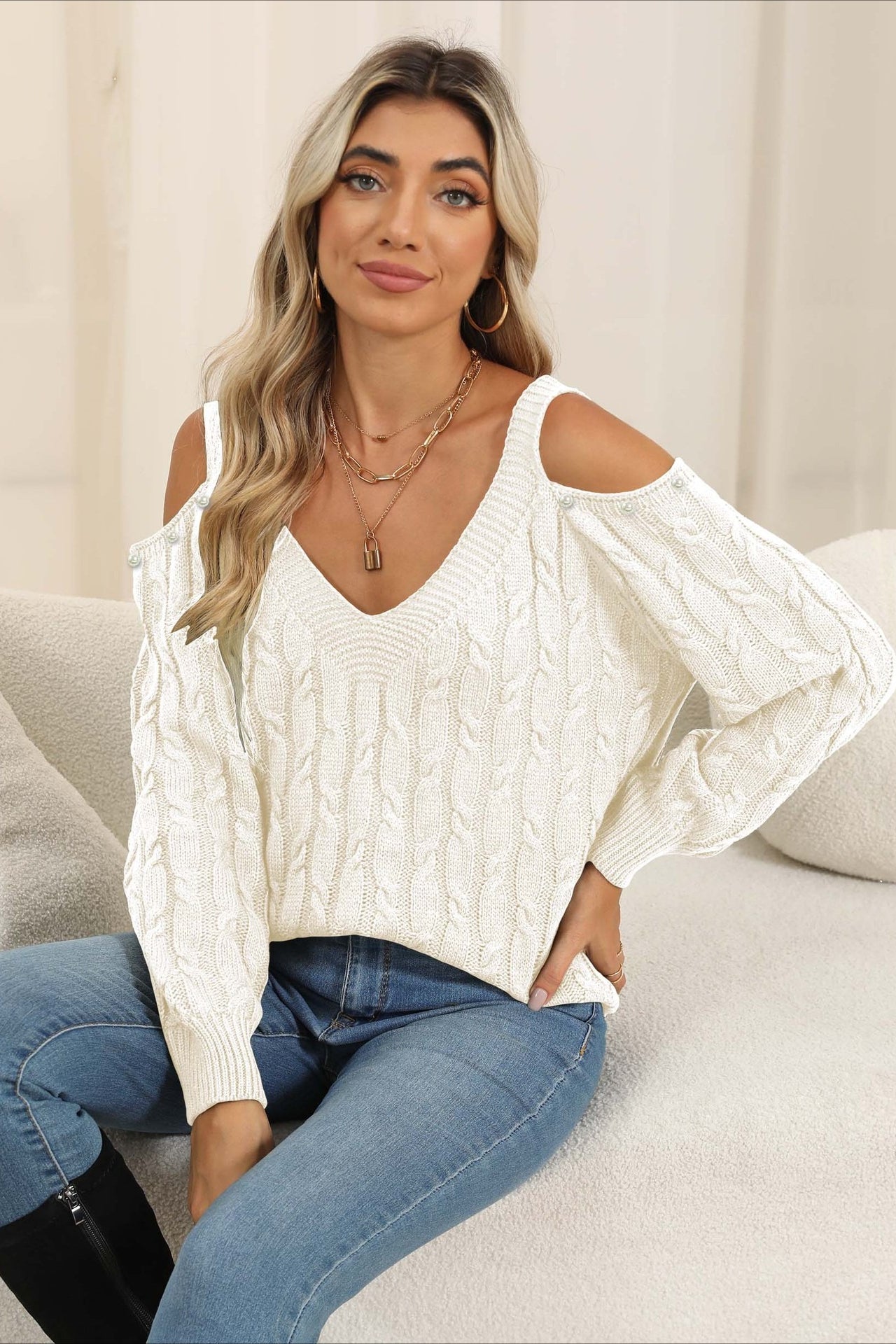 Lässiger Damen Strickpullover mit V-Ausschnitt für Herbst und Winter