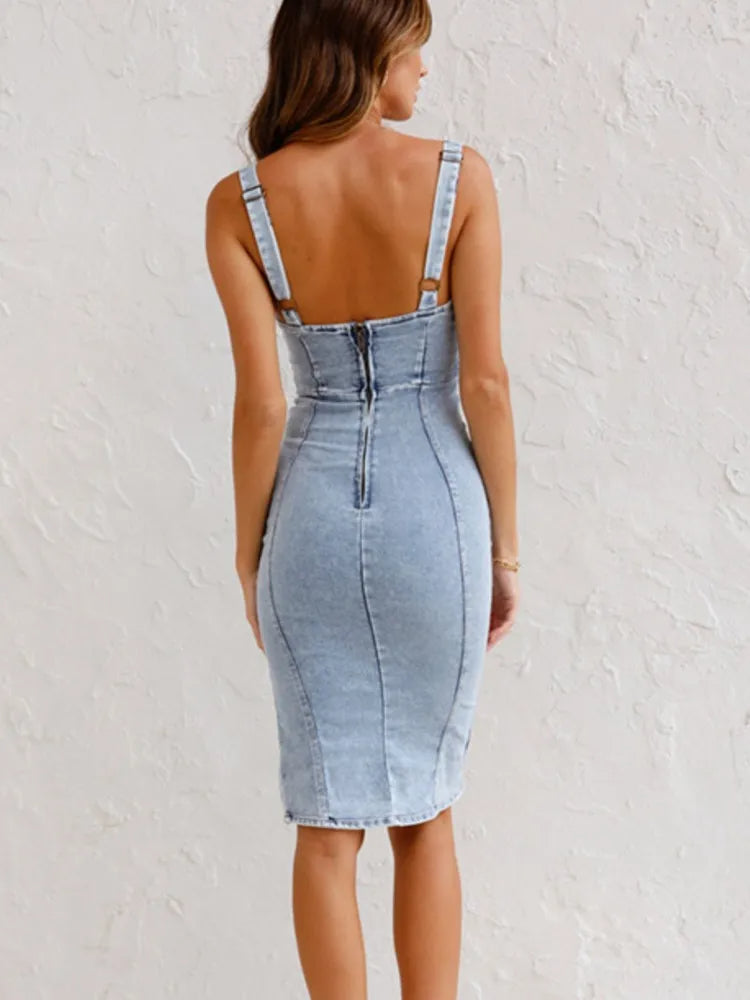 Denim Bodycon-Midikleid mit verstellbaren Trägern