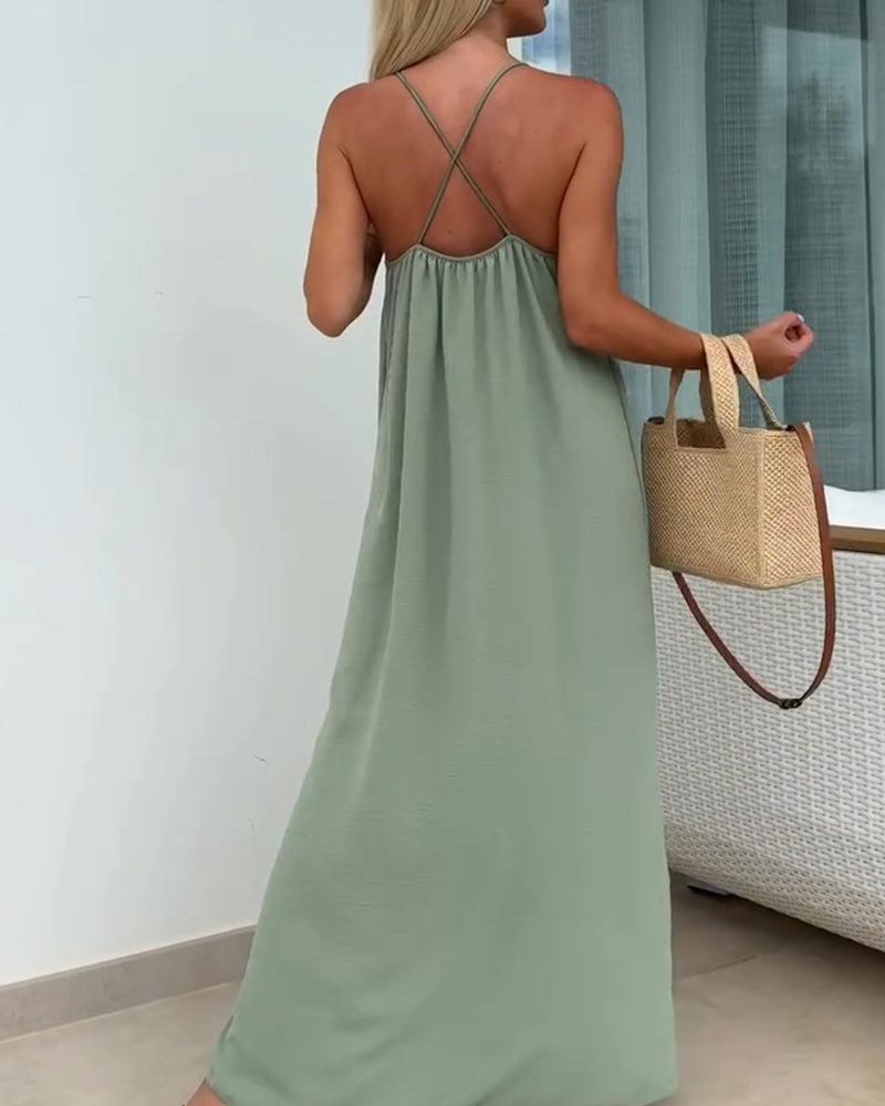 Damen Maxikleid in Uni mit Spaghettiträgern, Detail des Stoffes