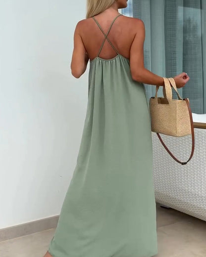 Damen Maxikleid in Uni mit Spaghettiträgern, Detail des Stoffes