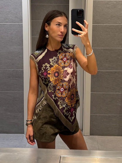 Damen Satin-Ärmellose Bluse mit Blumenmuster und Fransenbesatz in Rotweinfarben