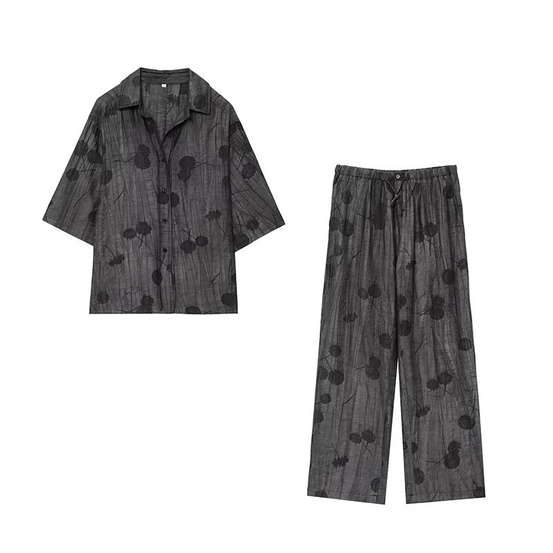 Damen Jacquard Zweiteiler Lockeres Oberteil Weite Hose