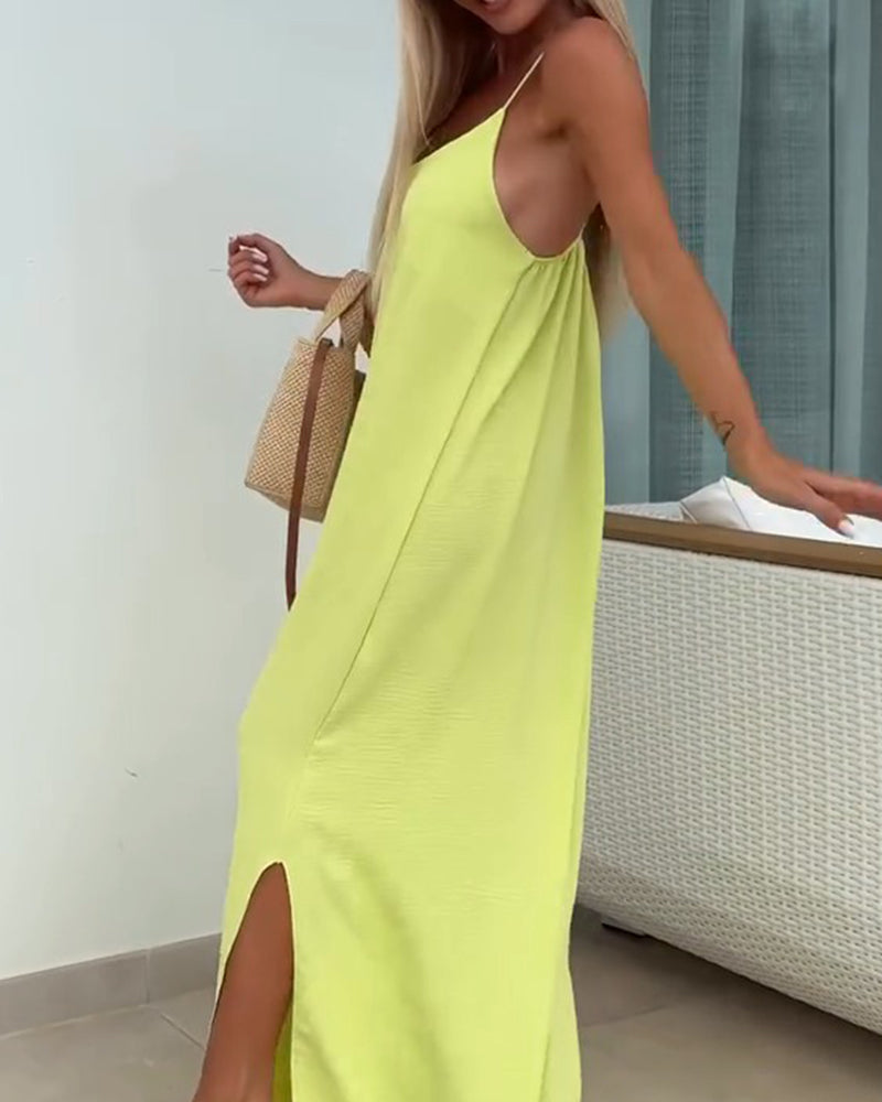 Damen Maxikleid in Uni mit Spaghettiträgern, Seitenansicht
