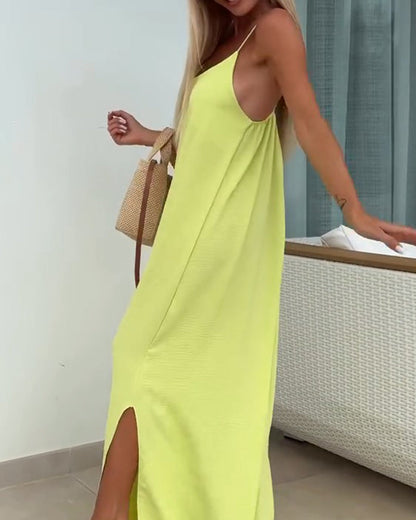 Damen Maxikleid in Uni mit Spaghettiträgern, Seitenansicht