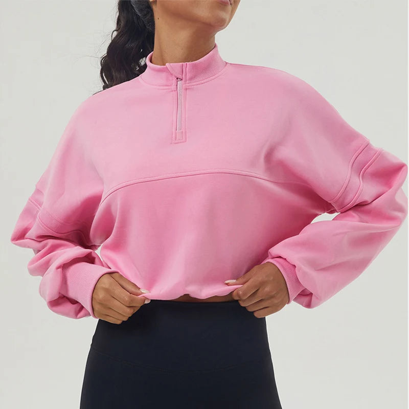 Damen Oversized Sweatshirt aus Baumwollmischung mit halbem Reißverschluss
