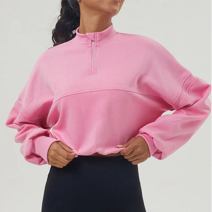 Damen Oversized Sweatshirt aus Baumwollmischung mit halbem Reißverschluss
