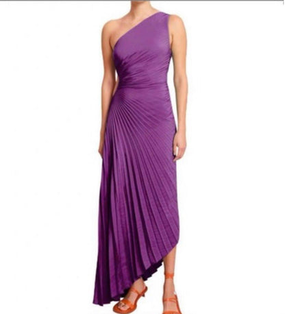 Ein-Schulter Faltenrock Poly Georgette Midi Kleid