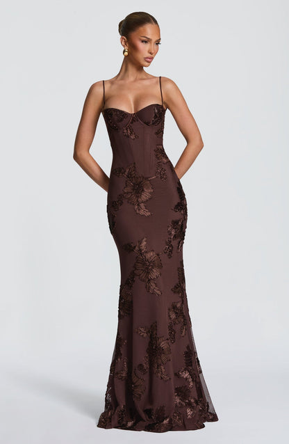 Damen Maxikleid Mit Korsettpassform Und Blumenapplikation