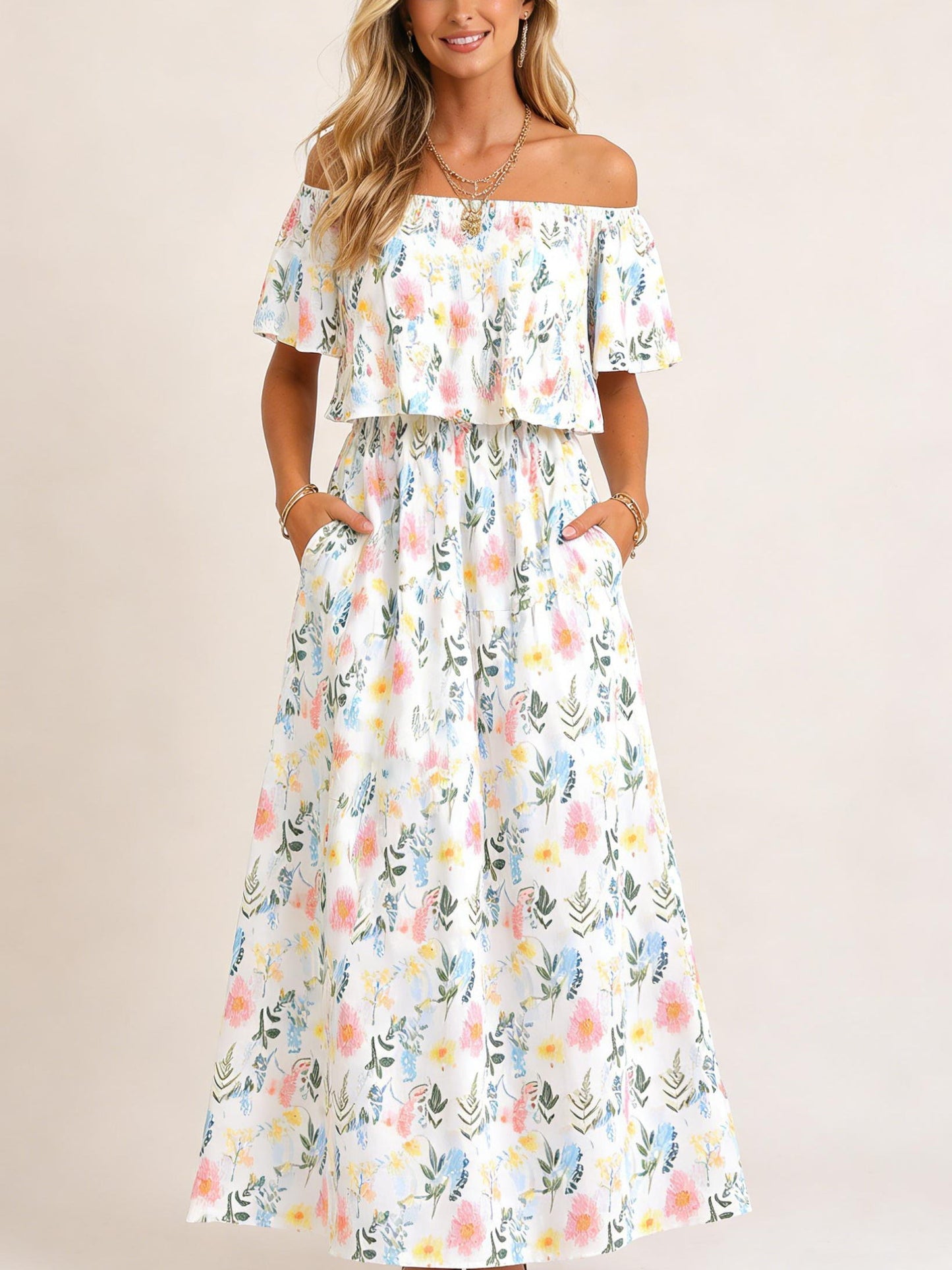Damen Sommer Maxikleid mit floralem Off-Shoulder-Design