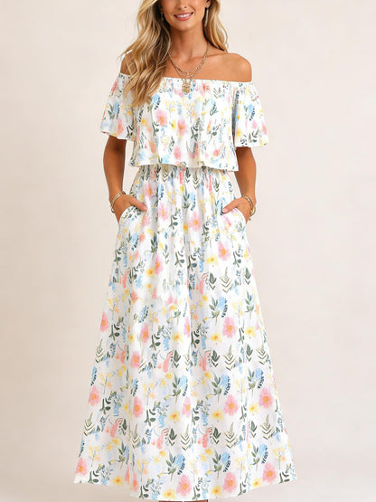 Damen Sommer Maxikleid mit floralem Off-Shoulder-Design