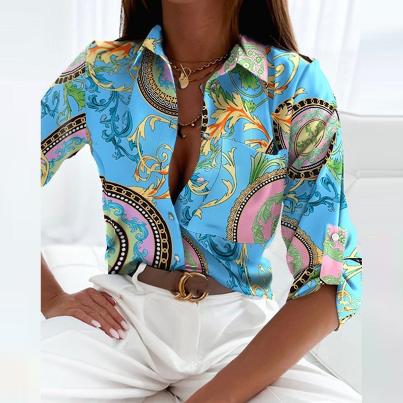 Damen Bluse Mit Geometrischem Print Und Knopfleiste