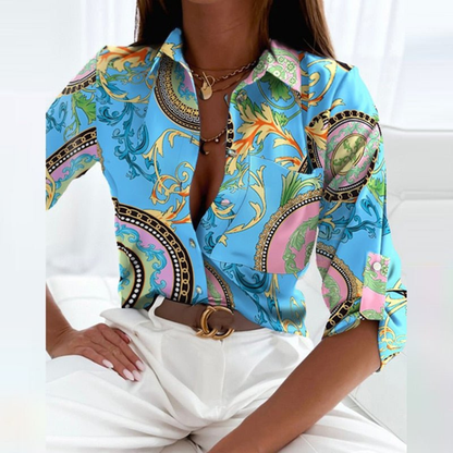 Damen Bluse Mit Geometrischem Print Und Knopfleiste
