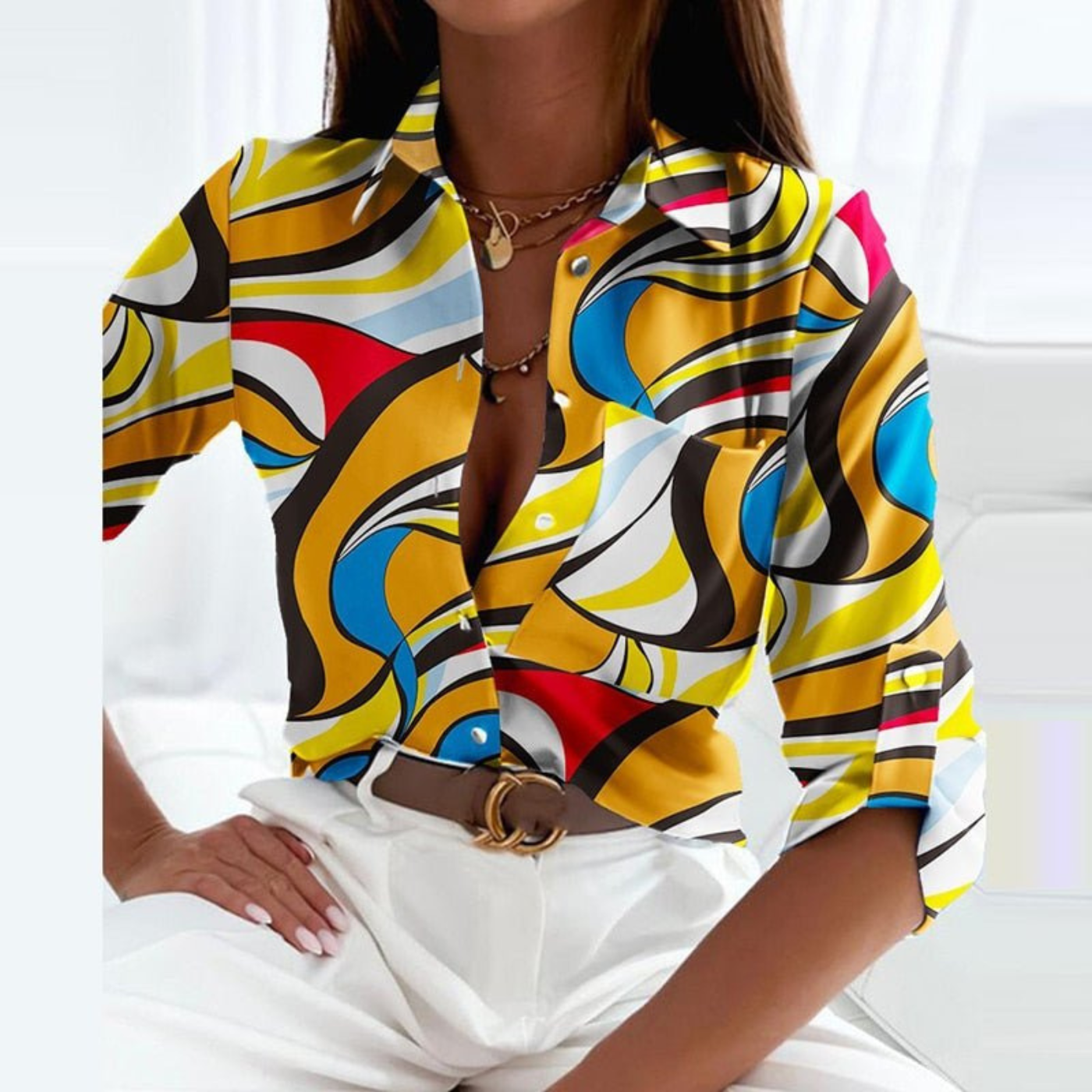 Damen Bluse Mit Geometrischem Print Und Knopfleiste