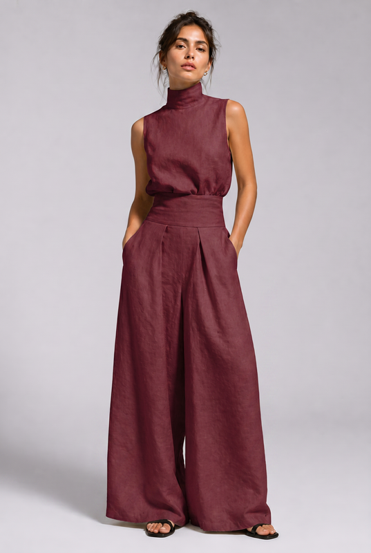 Damen Zweiteiler aus Leinen mit weiter Hose als sommerliches Outfit