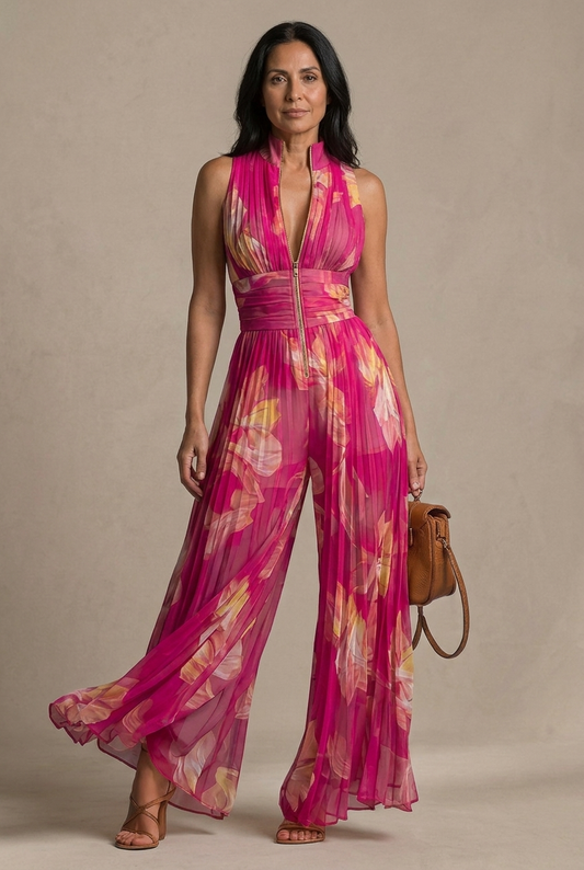 Damen Jumpsuit mit Blumenmuster und weitem Bein in Vorderansicht