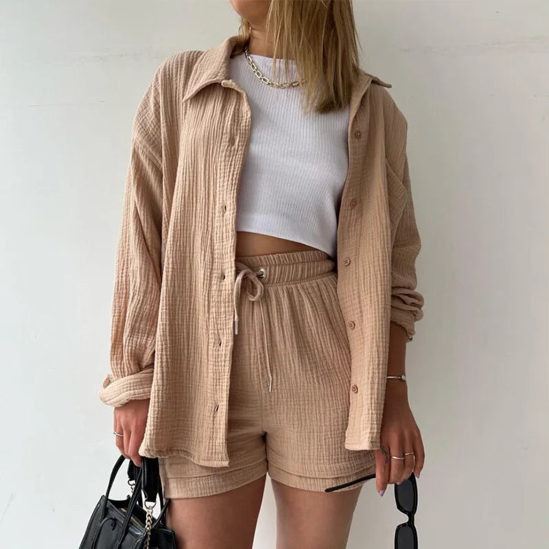 Damen Sommer Set Mit Plissierter Struktur Und Knopfdetail