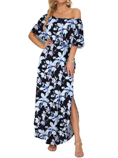 Damen Sommer Maxikleid mit floralem Off-Shoulder-Design