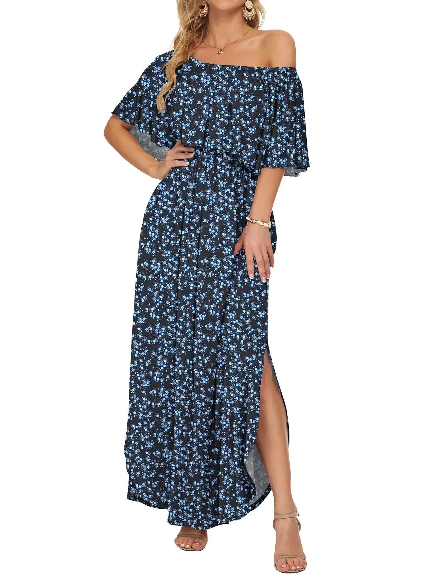 Damen Sommer Maxikleid mit floralem Off-Shoulder-Design
