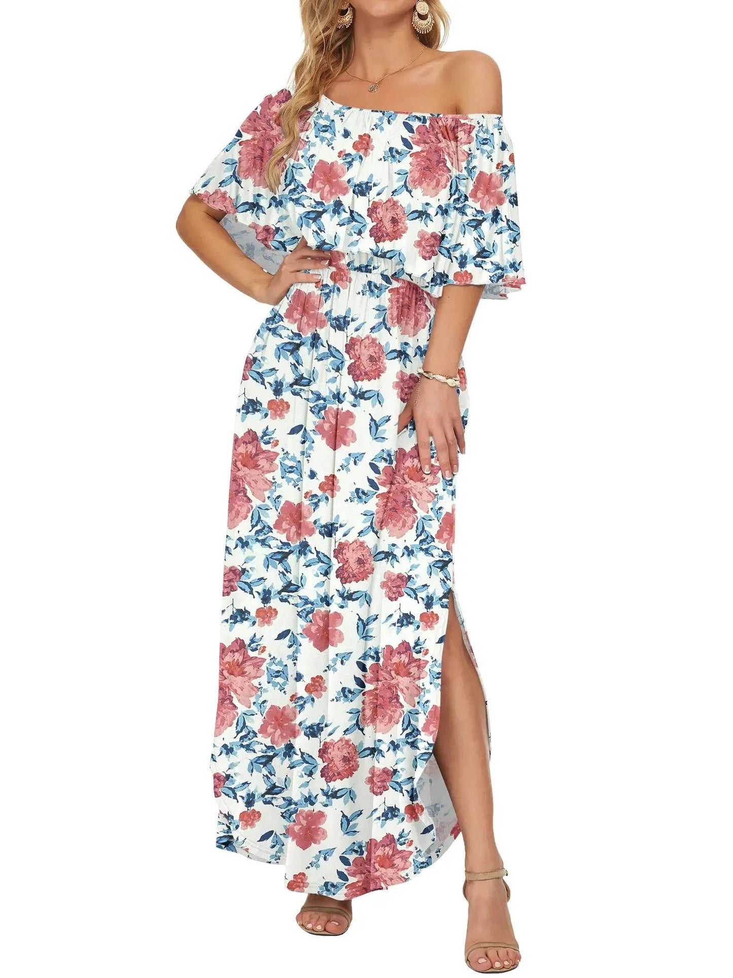 Damen Sommer Maxikleid mit floralem Off-Shoulder-Design
