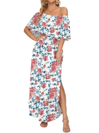 Damen Sommer Maxikleid mit floralem Off-Shoulder-Design
