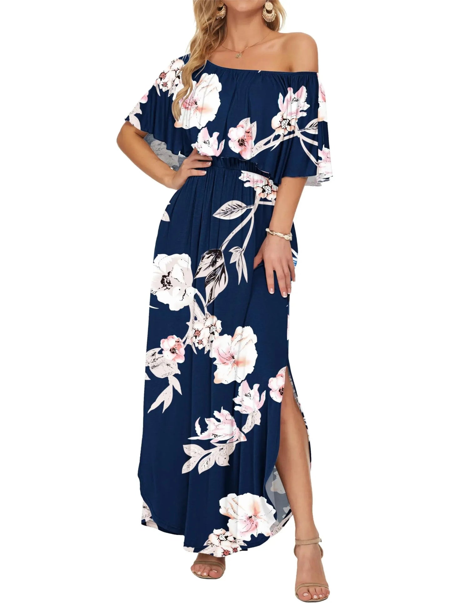 Damen Sommer Maxikleid mit floralem Off-Shoulder-Design