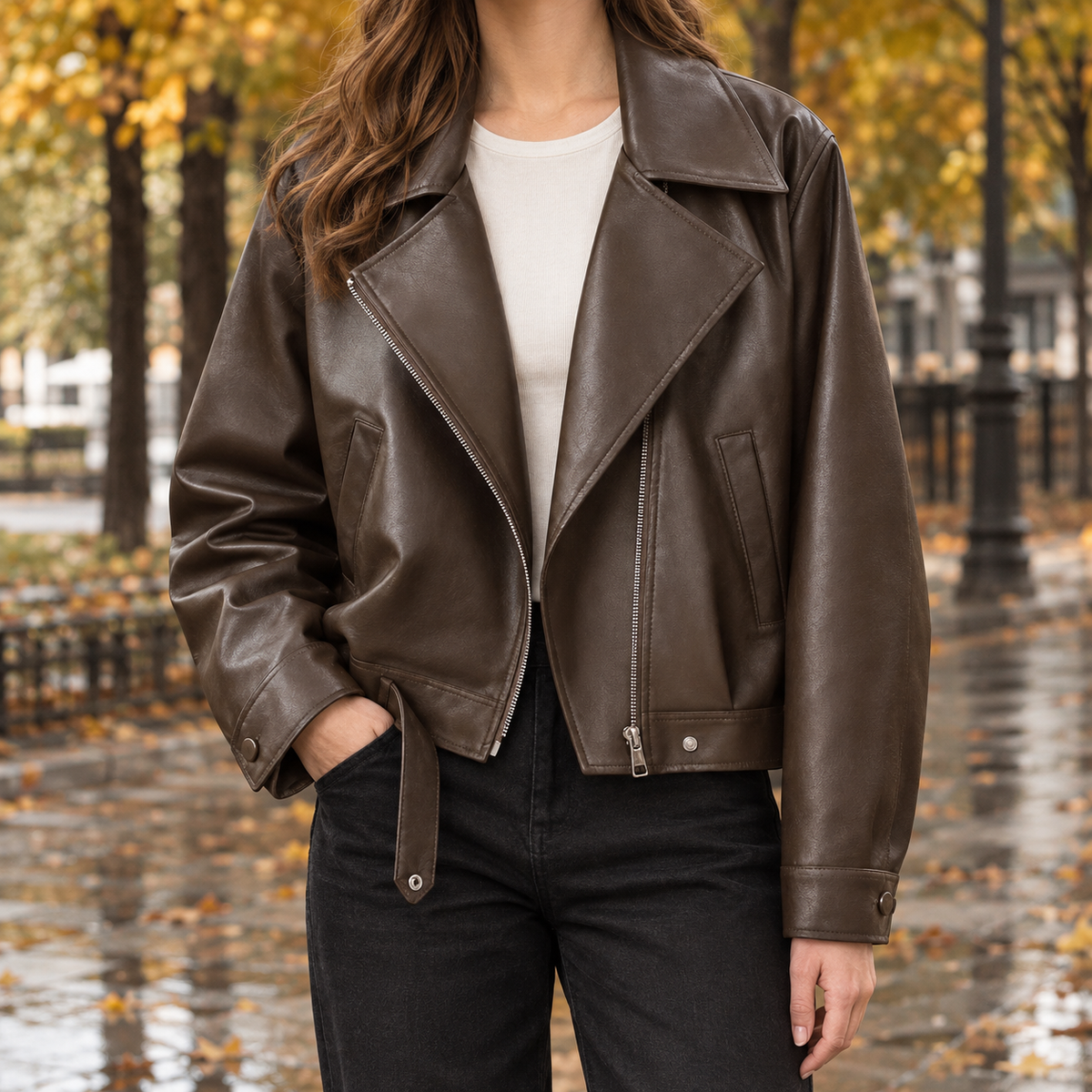 Cropped Damen-Bikerjacke in Lederoptik mit markantem Oversize-Revers