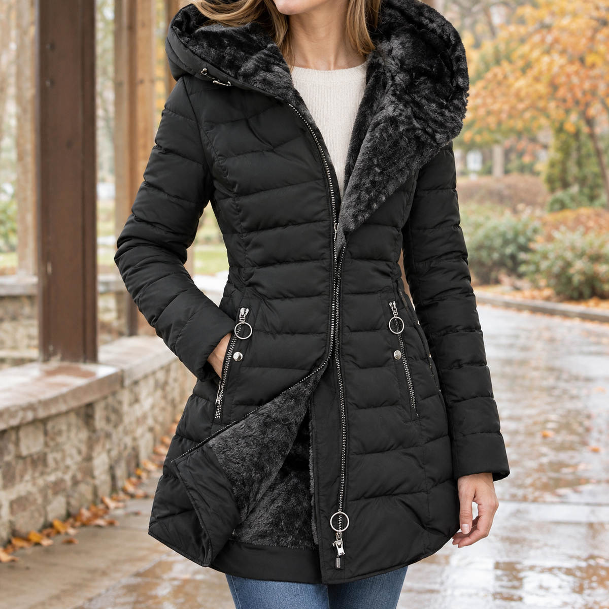 Damen-Steppjacke aus Baumwollmix mit gesteppter Struktur und Kapuze