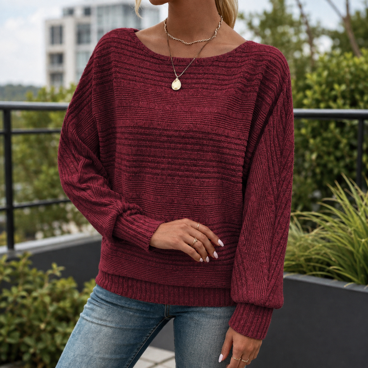 Rippstrickpullover Mit Fledermausärmeln
