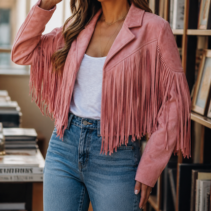 Damen Western Fransenjacke Mit Reverskragen