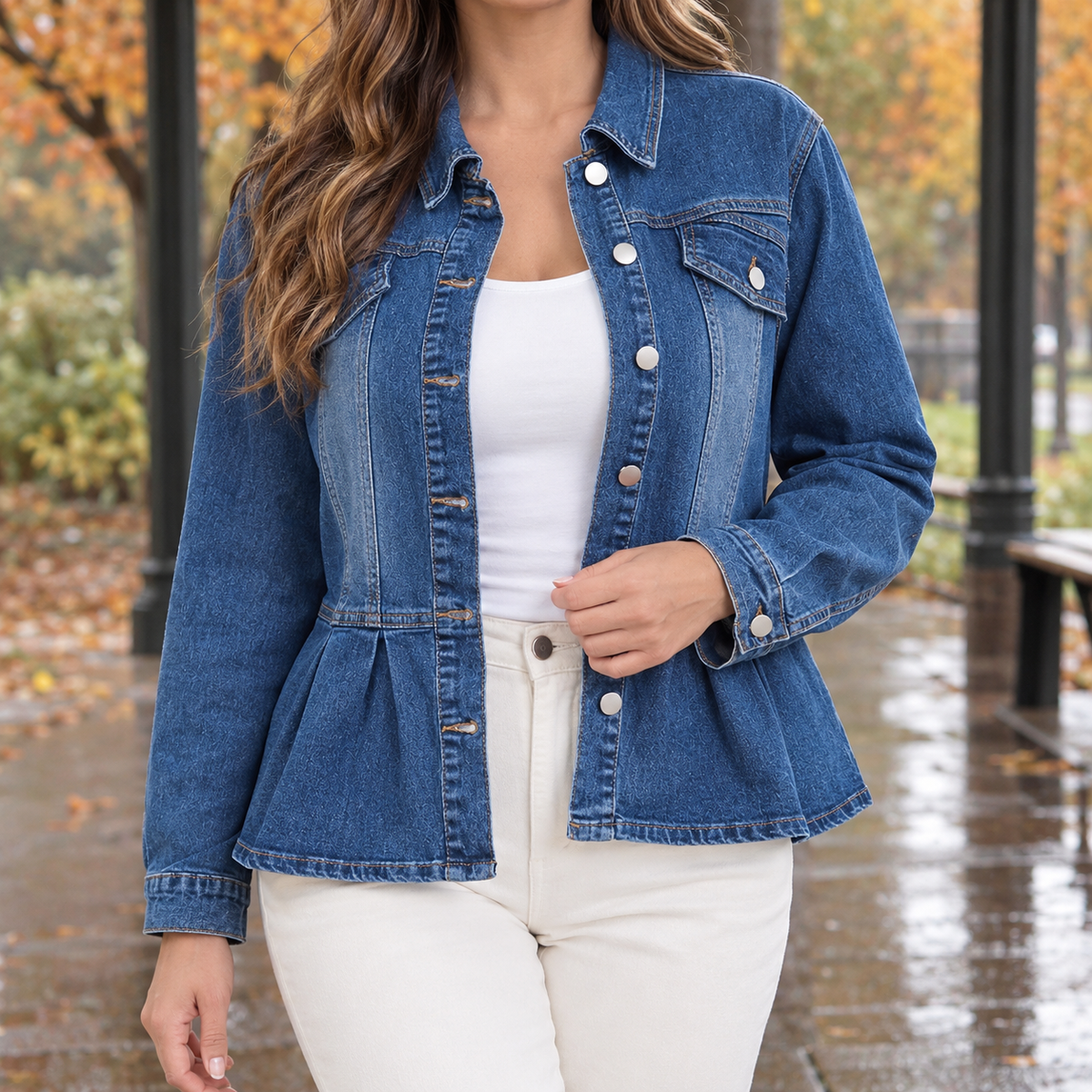 Damen-Jeansjacke mit femininem Schößchen aus Baumwollmix, Vorderansicht
