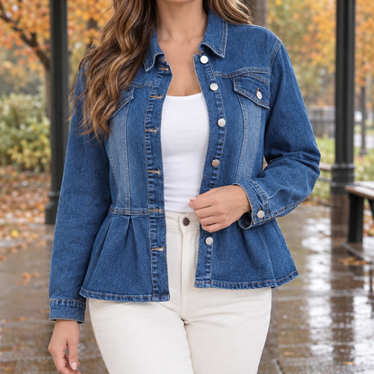 Damen-Jeansjacke mit femininem Schößchen aus Baumwollmix, Vorderansicht