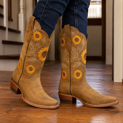 Westernstiefel Mit Sonnenblumenstickerei Und Blockabsatz