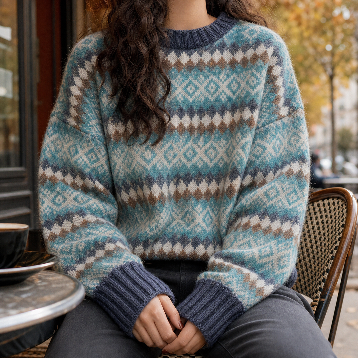 Damen-Jacquard-Pullover mit dekorativem Rautenmuster auf der Vorderseite