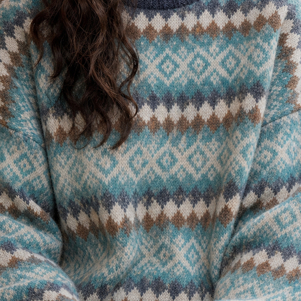 Nahaufnahme des Jacquard-Gewebes und Rautenmusters am Damenpullover