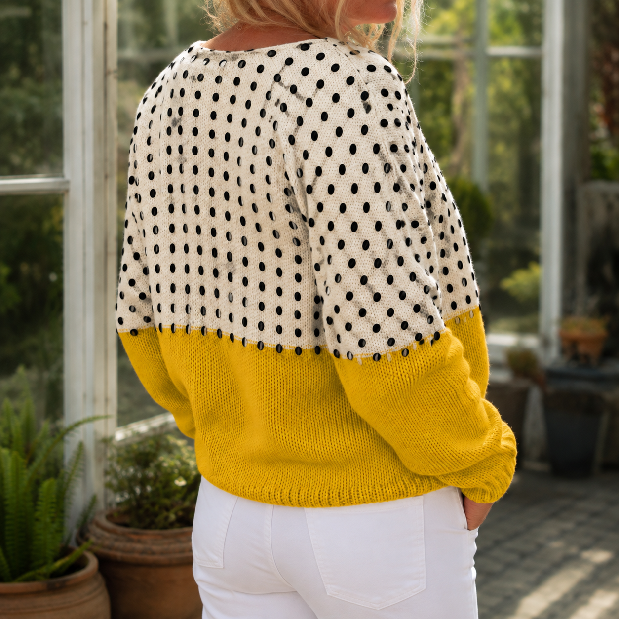 Detailansicht des Strickpullovers mit schwarzen Tupfen und weicher Struktur
