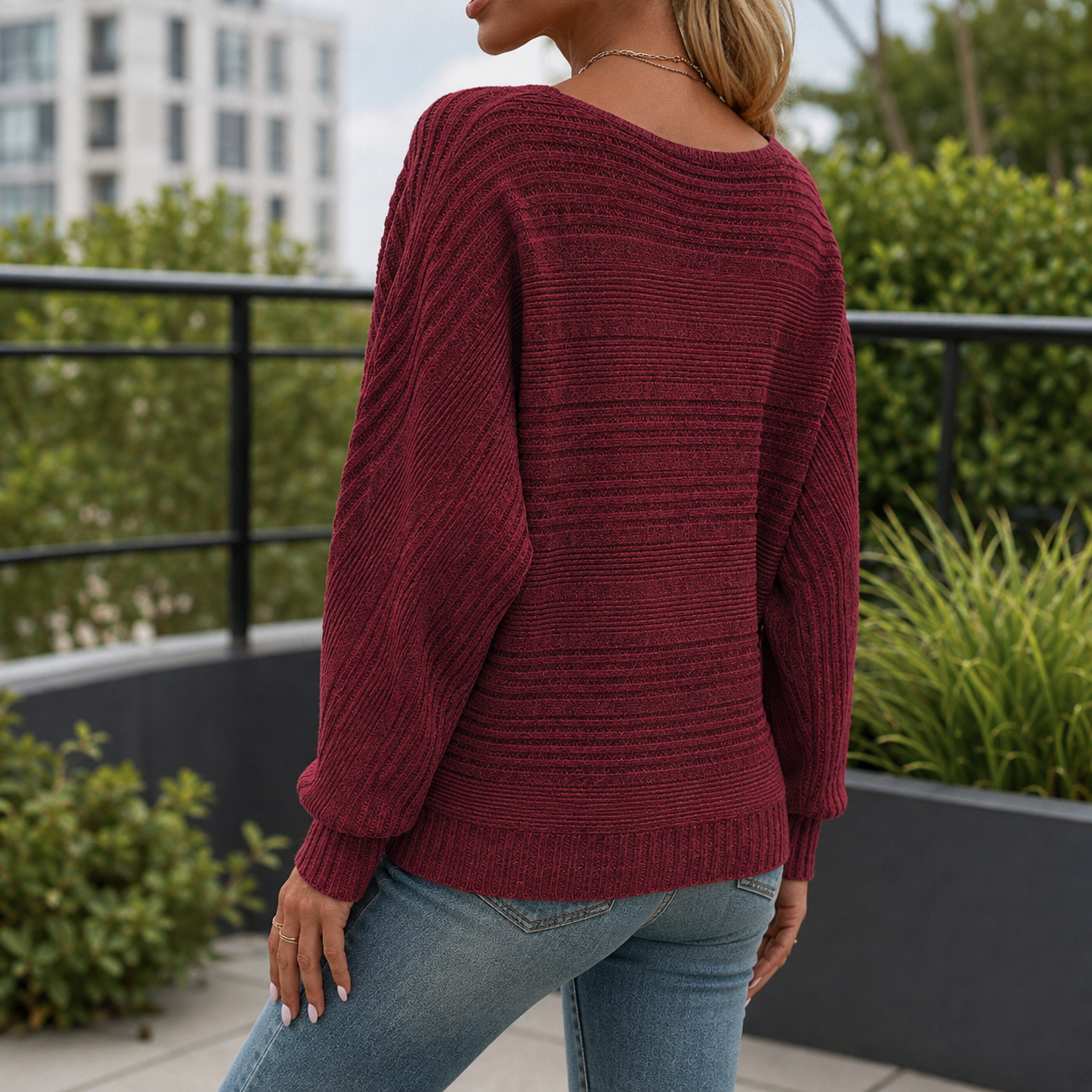 Rippstrickpullover für Damen mit lockerem Schnitt und Fledermausärmeln