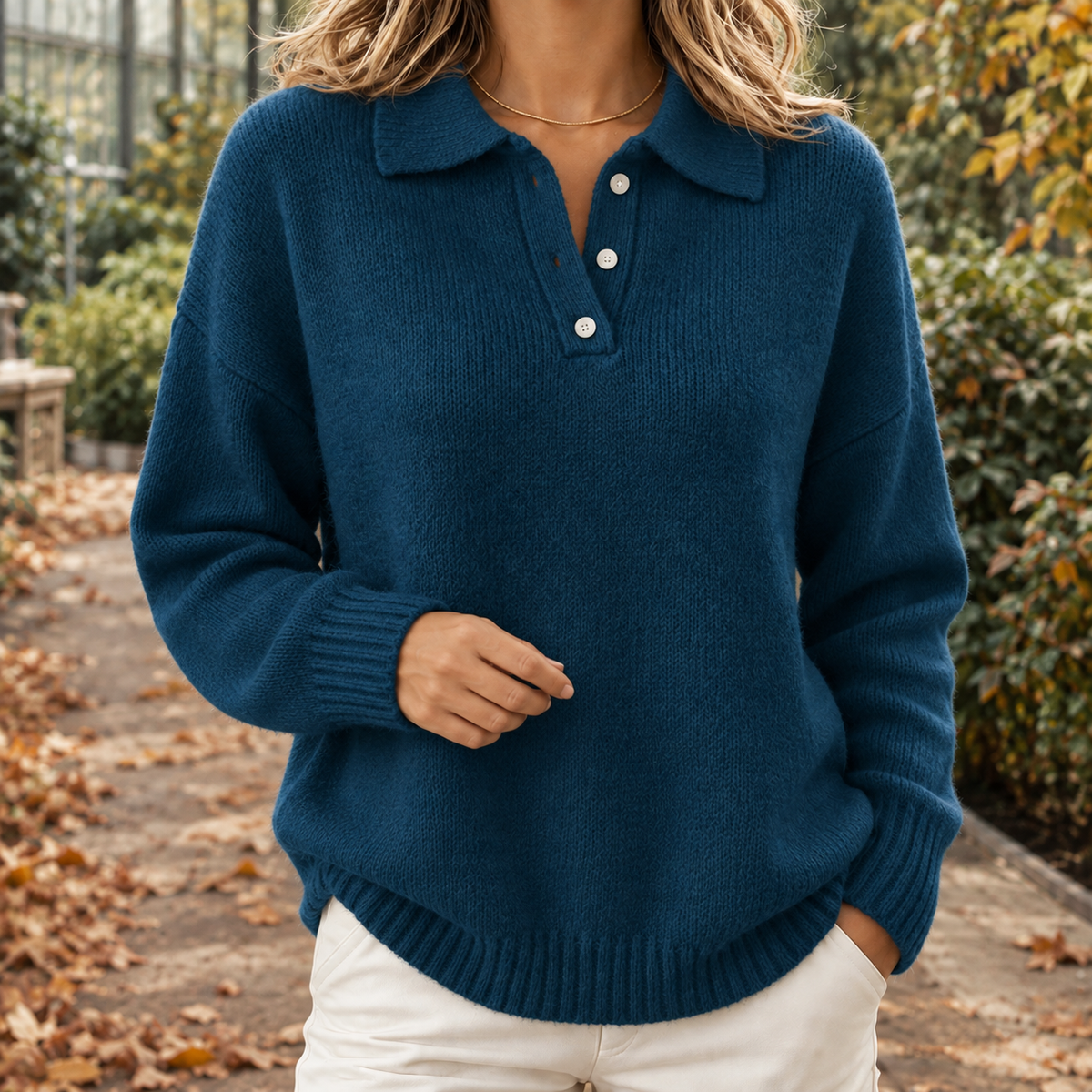Detailansicht des Polokragens am Damen-Strickpullover