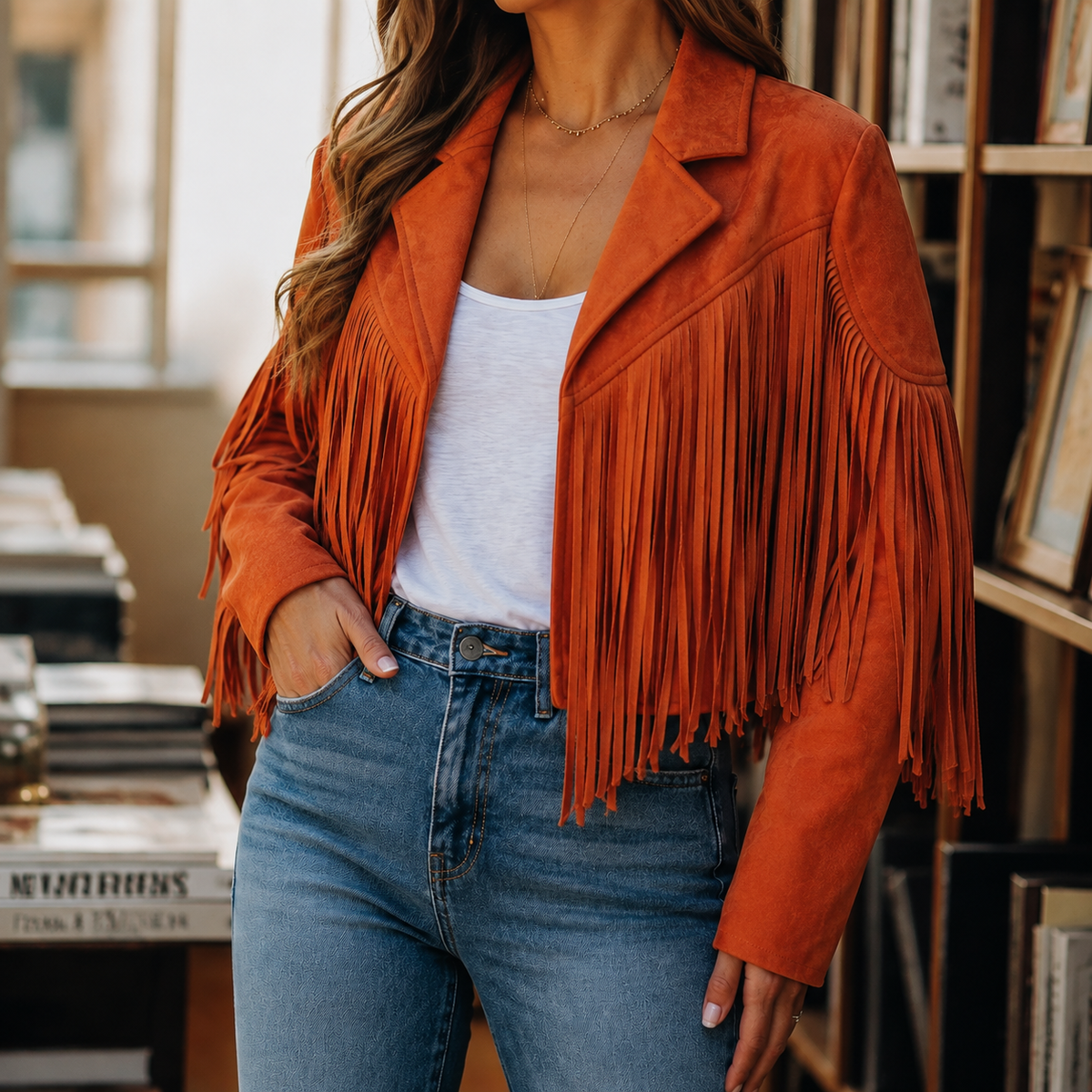 Damen Western Fransenjacke Mit Reverskragen